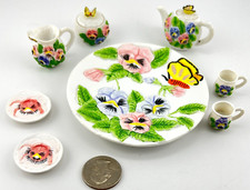 Vtg 1990s Miniature Tea Set 10 Pc Pottery Pansies Butterflies Pansy Flowers