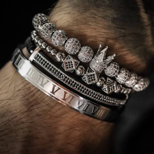 Silver Bracelet 4pc Set for Men, Mens Bracelet 4pc Set, Stainless Steel - Picture 4 of 10