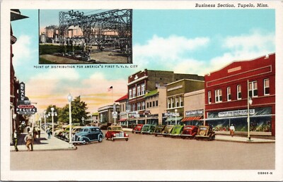Business Section, Tupelo, Mississippi - 1940 linen postcard - TKE Store Pegues