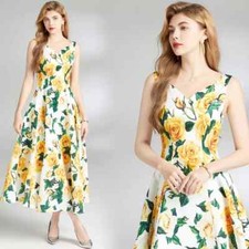 Vestito Abito Elegante Lungo Elegante Raso Bianco Giallo Fiori GIPSY 07590