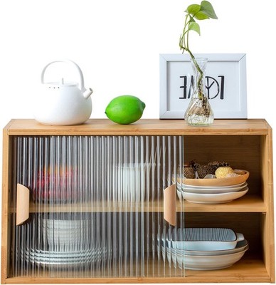 Small Bamboo Kitchen Pantry Sideboard W/ 2 Glass Doors & Adjustable Shelf