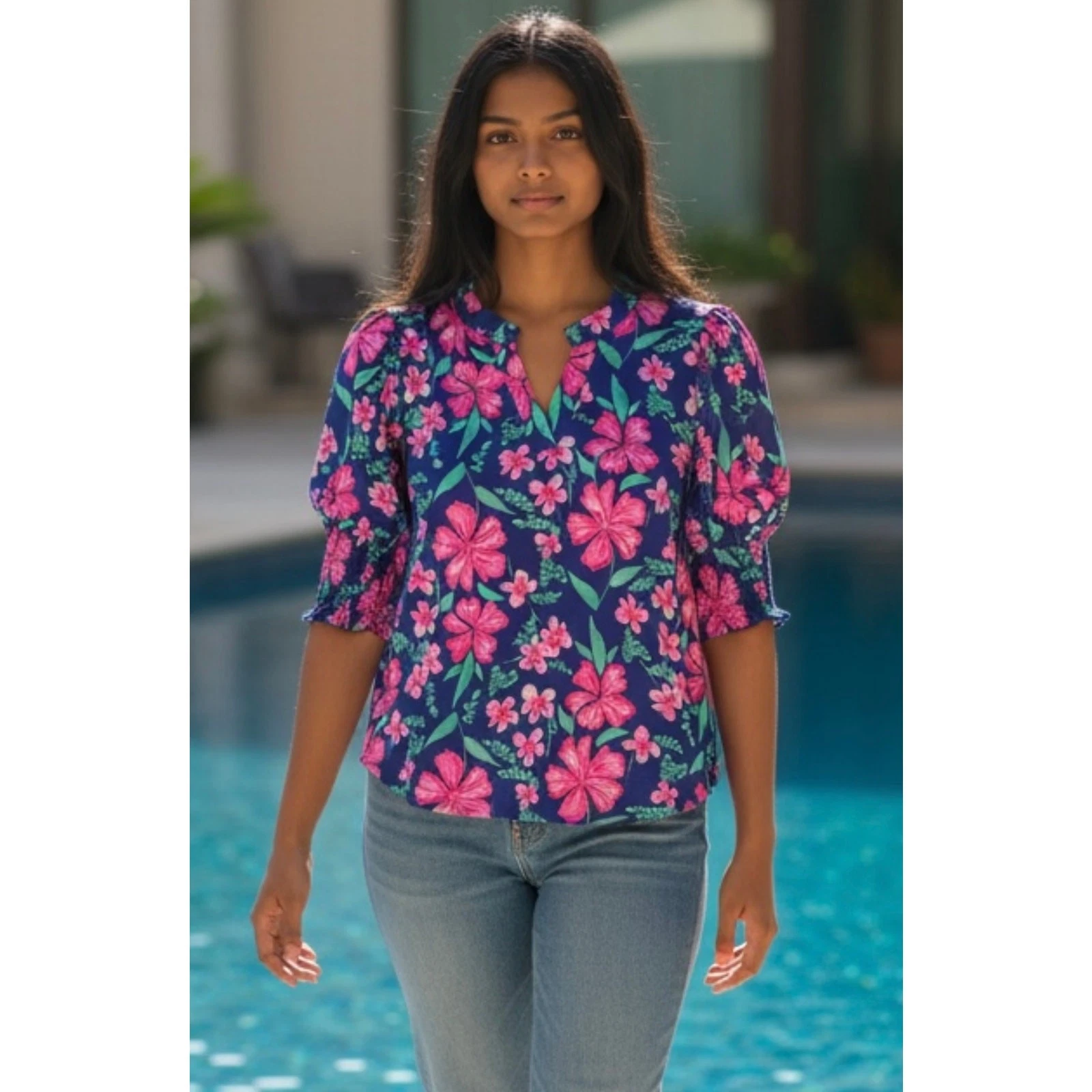 Dear Scarlett - Floral Lizzy Top with Smock Sleeves - Small