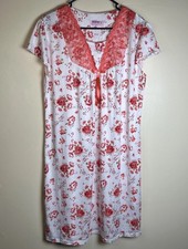 Women Short Sleeve White Nightgown Red Floral Front Lace Sz Large