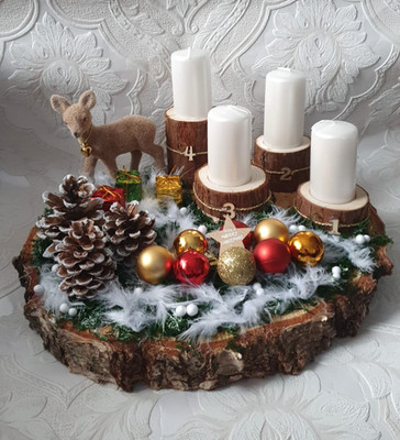 Adventsgesteck, Adventskranz Weihnachtgesteck 4 Perlmutt Kerzen 8x4cm  Holz 30cm