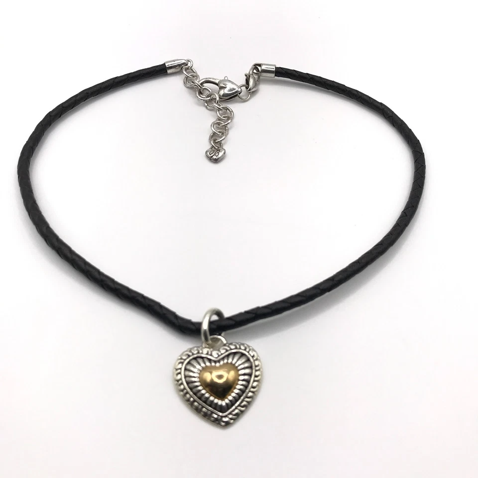 Brighton Necklace Heart Pendant Gold & Silver Plate Braided Black Leather Cord - Image 2 of 4