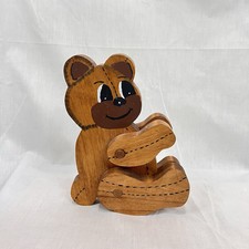 Vtg Wooden Hand Carved And Painted Teddy Bear Jointed Moveable Limbs 8  Nursery