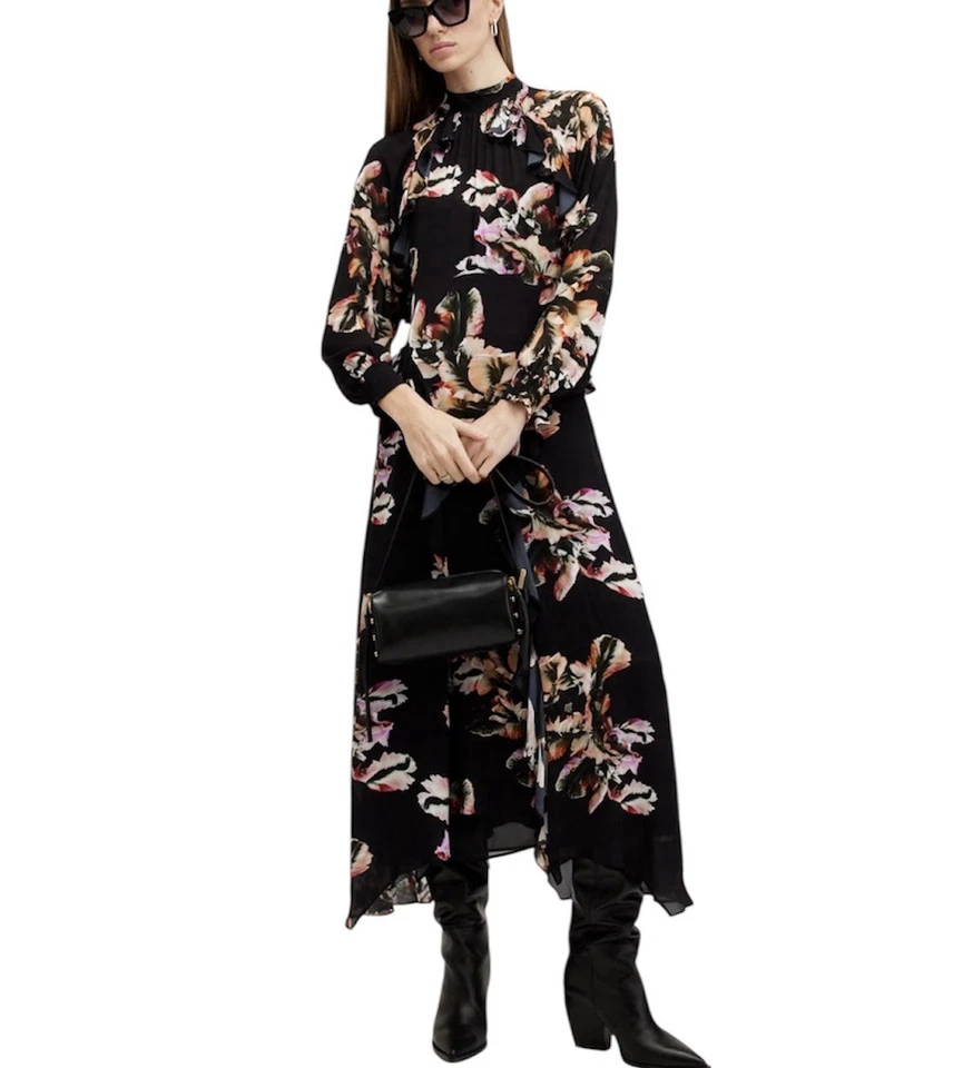 Maxi Vestido AllSaints Jessica Estampado Floral Volantes Mujer Talla 10 Negro Floral Nuevo con Etiquetas Foto 2 de 4