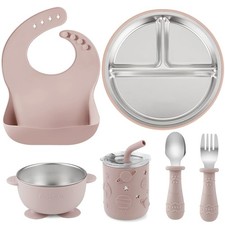 6-in-1 Stainless Steel Baby Feeding Set Divided Suction Plate, Bowl, Sippy ...