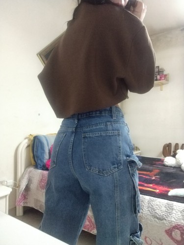 Pantaloni Donna Jeans Larghi Baggy Cargo Blu Xs Tasche Shein Vita Alta - Foto 10 di 17