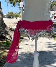 Pink Belly Dance Hip Scarf with Silver Coins - Belly Dancing