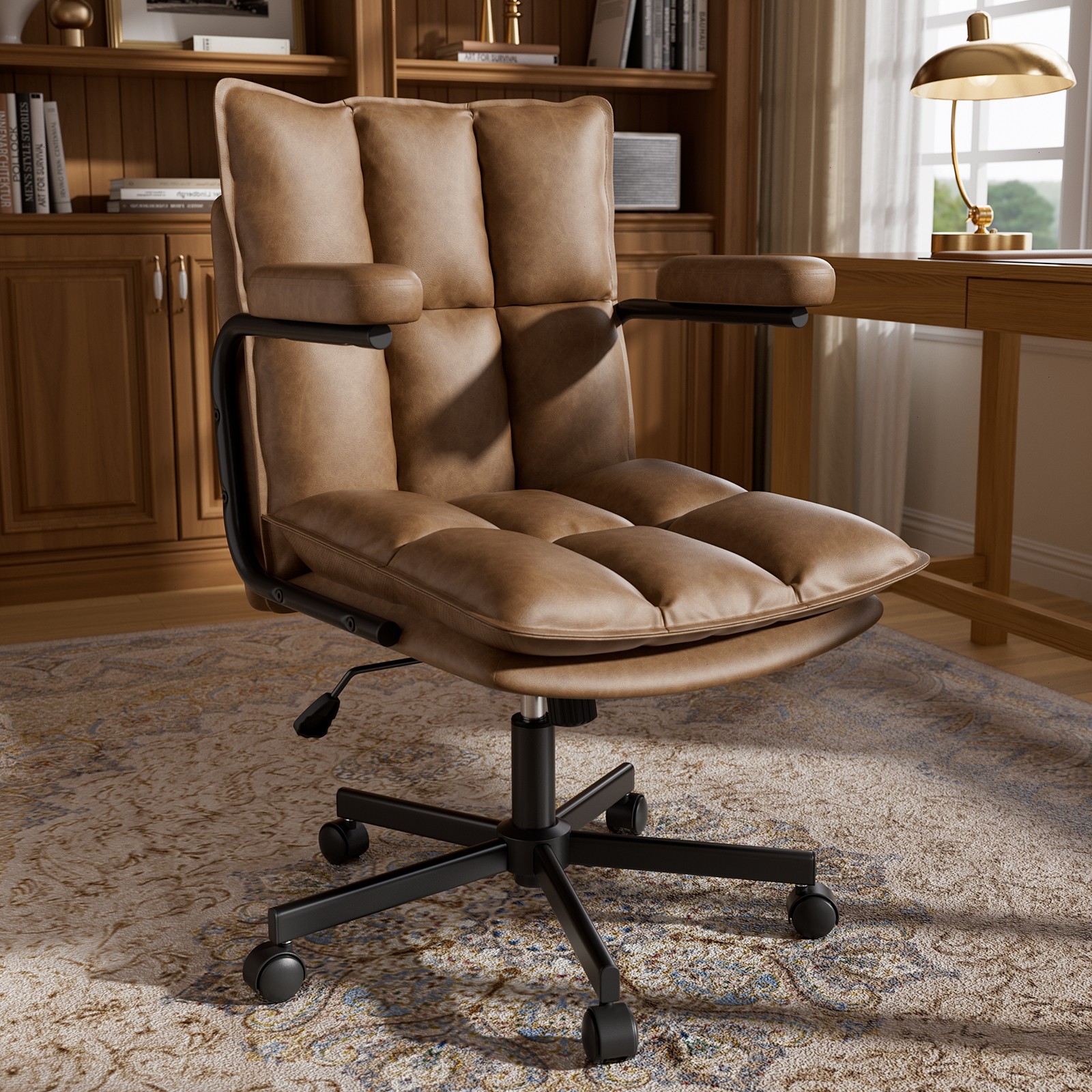 Vintage Leather Desk Office Chair for Small Space Adjustable Height with Arms