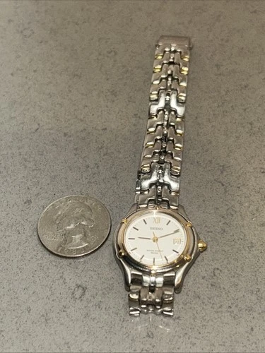 Seiko Watch Women 26mm White Dial Two Tone Date Round 7n82-0599 New Battery