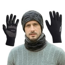 Winter Beanie Hat Scarf and Touch Screen Mixblack--3 Pcs- hat scarf gloves 