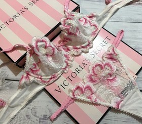 Victoria's Secret Wicked Peony Embroidery White Pink Unlined Bra Thong Set