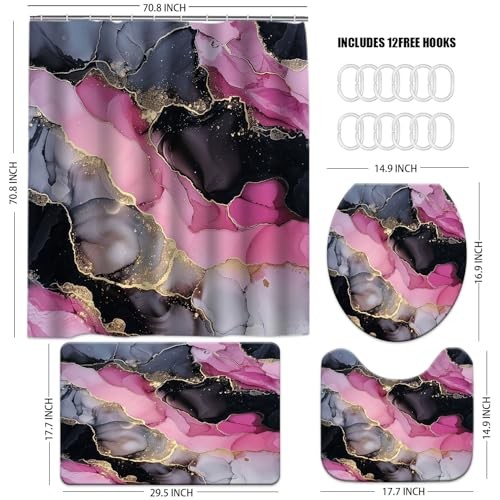 Pink and Black Shower Curtain Sets Bathroom Decor Colorful Marble Tuxture - Bild 4 von 7