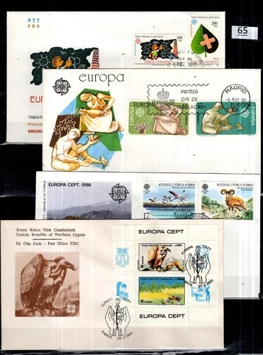 / TURKEY, SPAIN, NORTHERN CYPRUS 1986 - 4 FDC - CEPT - BIRDS, ANIMALS, ART