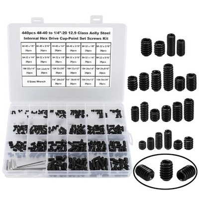 440Pcs 22 Sizes,4#-40 to 1/4''-20 Standard SAE Allen Head Socket Hex Grub Scre...
