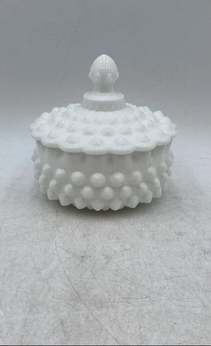 Vintage White Milk Glass Hobnail Glossy Finish Covered Candy Dish