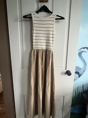 The Workshop Almond White Mixed Media Ribbed Knit Maxi Dress Small