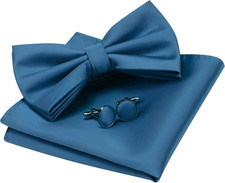 Mens Solid Color Double Fold Pre-tied Bow Tie and Pocket Square Cufflink Set wit