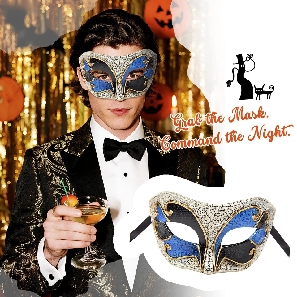 Retro Men's Venetian Half-Face Crackled Flat Mask Costume Masquerade Party Mask - Image 3 of 4