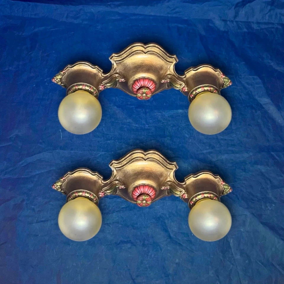 Pair Two Socket Antique Flush Fixtures Nice Finish Rewired 31J - Image 1 of 4