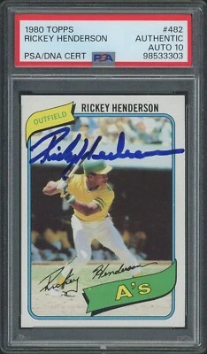 RICKEY HENDERSON SIGNED 1980 TOPPS RC ROOKIE CARD #482-GEM MINT 10 AUTO-PSA/DNA - Image 1 of 2