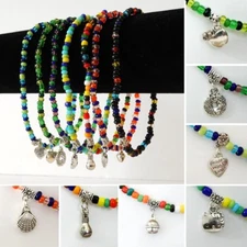 Multi-color Glass Beads Stretch Ankle Bracelet with Tibetan Silver Charm