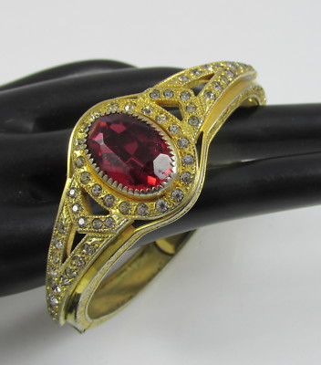Vintage Hinged Bangle Bracelet Textured Gold Rhinestone Ruby Red Glass Stone