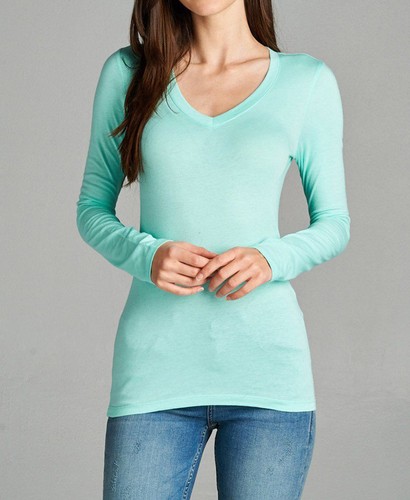 BASIC LONG SLEEVE V-NECK TOP T-Shirt Cotton Stretch Tight Thin plus S ~ 3XL - Picture 7 of 27