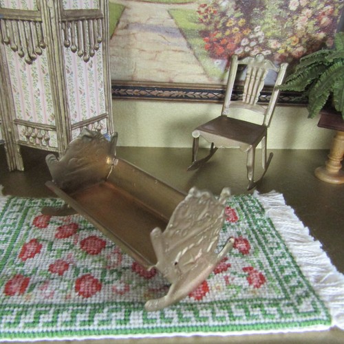 Antique Dollhouse Metal Furniture Gold Tin? Vtg Cradle Lounge Sofa Chair Rocking - Picture 11 of 12