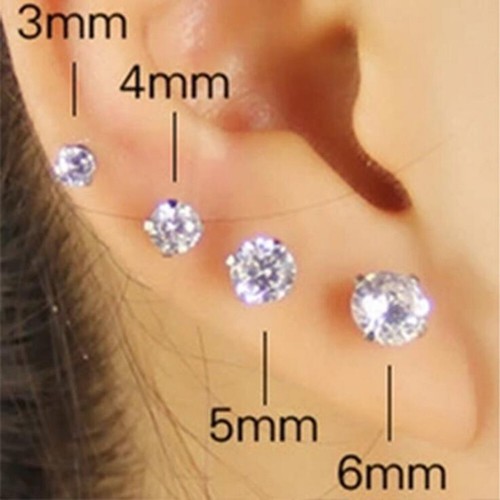 Silver Gem Stainless Steel Round CZ Earrings Screw Back Ear Stud for Men Women > - Picture 2 of 17