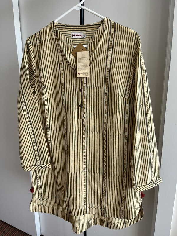 NWT FabIndia Tunic Top Kurta 100% cotton stripes Lemon 🍋 yellow & Black Large