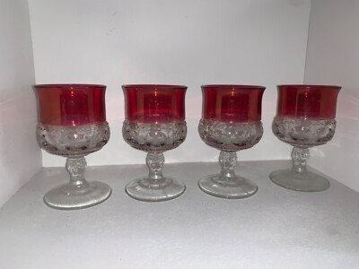  4 KING'S CROWN Ruby Red Flash Thumbprint Juice / Wine Goblets 4 3/8'' Tall