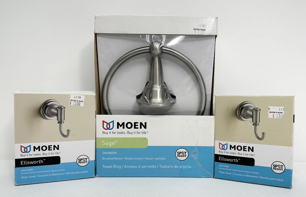 Moen Brushed Nickel Spot Resist Towel Ring & (2) Robe Hooks