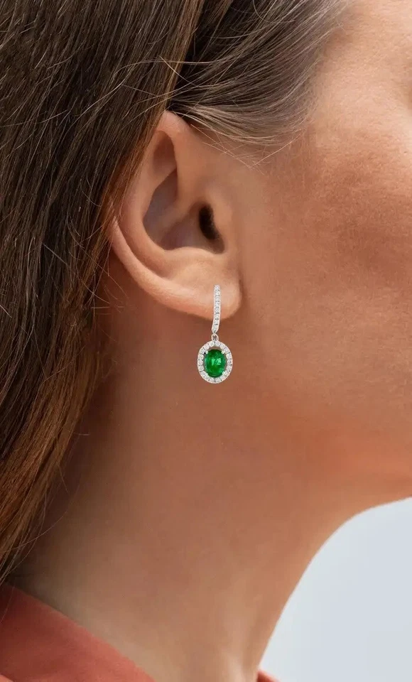935 Argentium Silver 3.40TCW Simulated Emerald & White Sapphire Hoop Earrings - Image 3 of 4