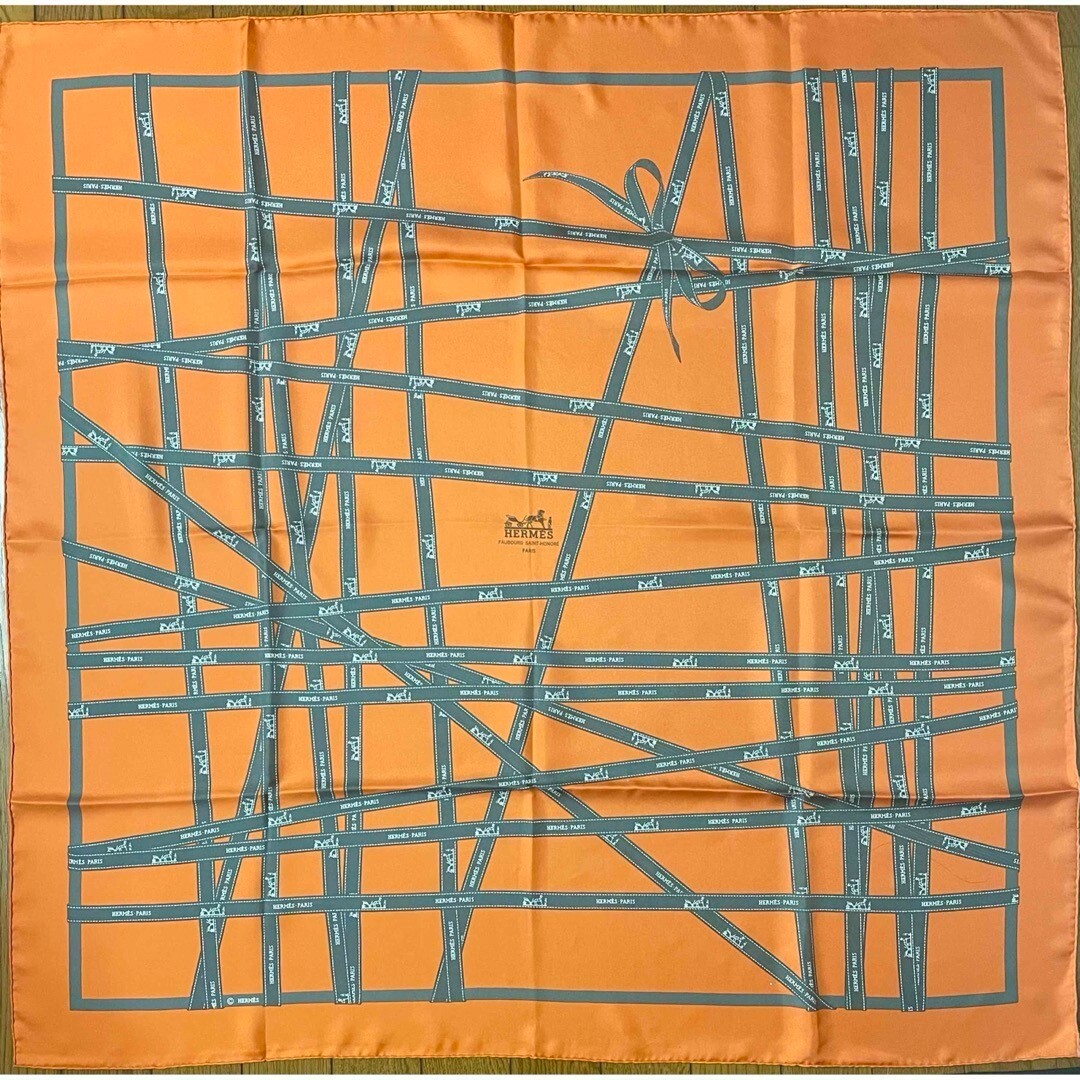 HERMES Carre 90 BOLDUC ribbon Orange vintage Silk Scarf 90cm