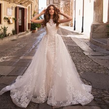 Detachable Train Appliques Tulle Wedding Dress Mermaid Champagne New Bridal Gown