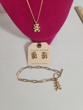Teddy Bear 16" Necklace Earrings Bracelet Gold Tone Set Women Teen Gift New