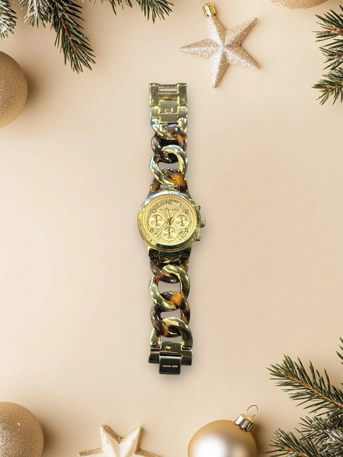 Orologio da donna Michael Kors maglia catena acrilico tono oro guscio tartaruga MK4222