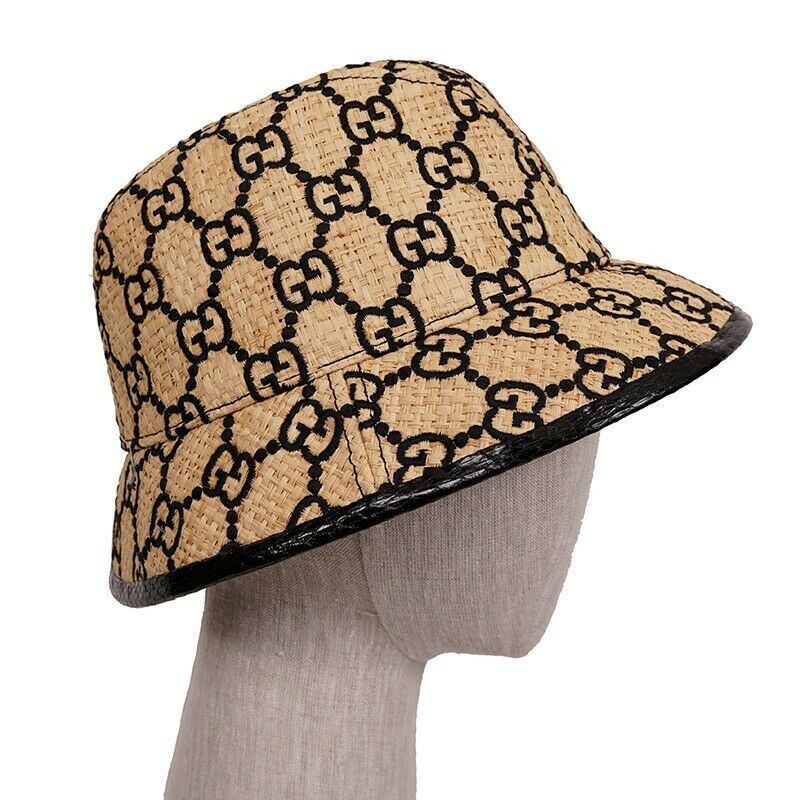 GUCCI グッチ　ラフィア　ハット　553574 $750 GUCCI Natural Raffia Straw Black Embroidered GG Logo FEDORA