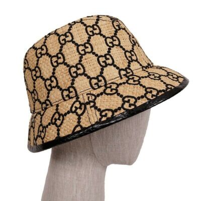 $750 GUCCI Natural Raffia Straw Black Embroidered GG Logo FEDORA