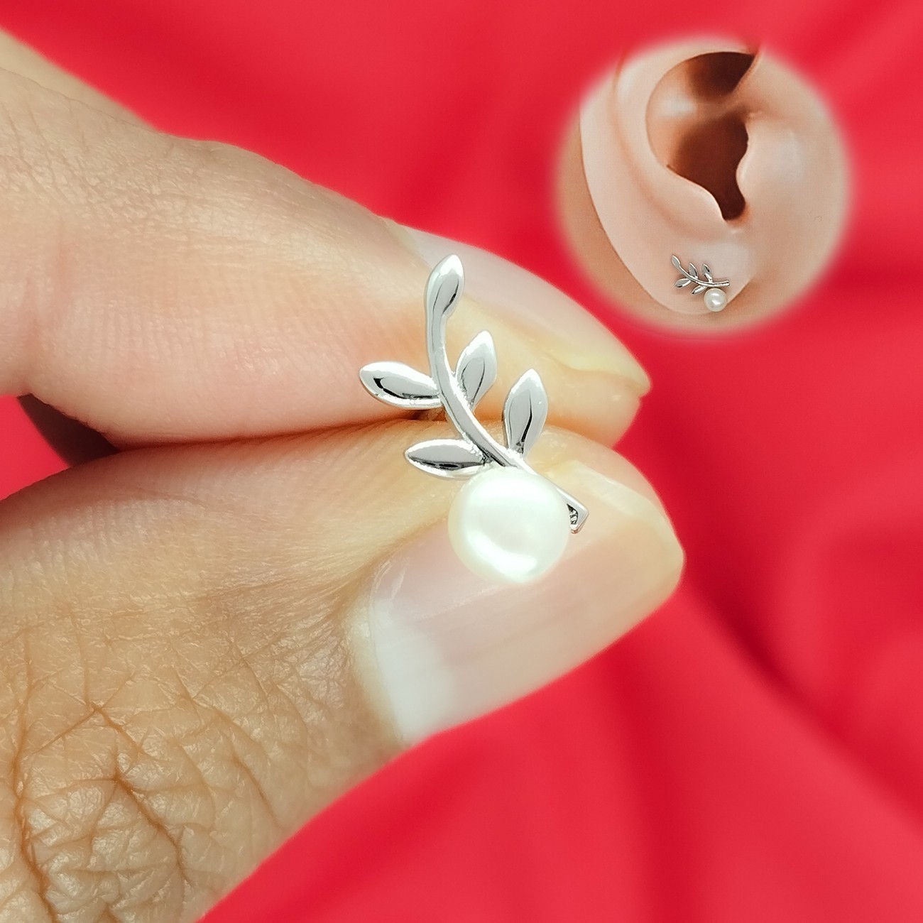 Boucles d'oreilles feuille de laurier en argent 925 et perles de culture pour femme