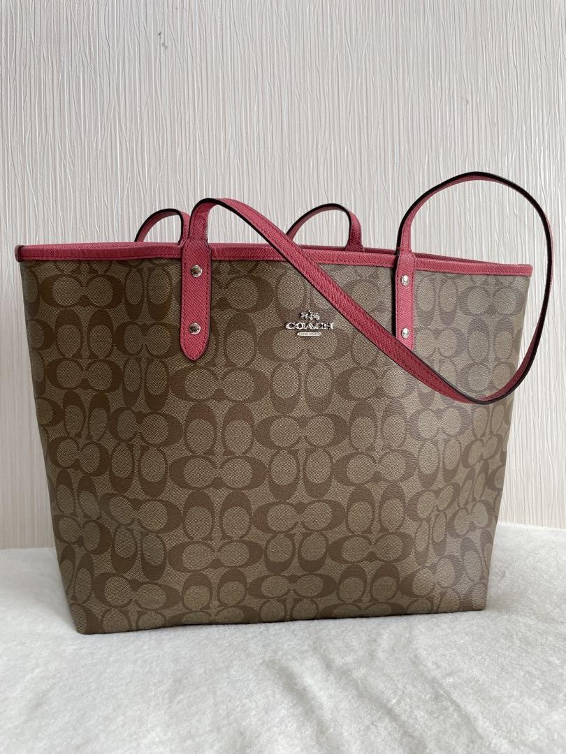 COACH brown and pink leather tote bag with gold accents