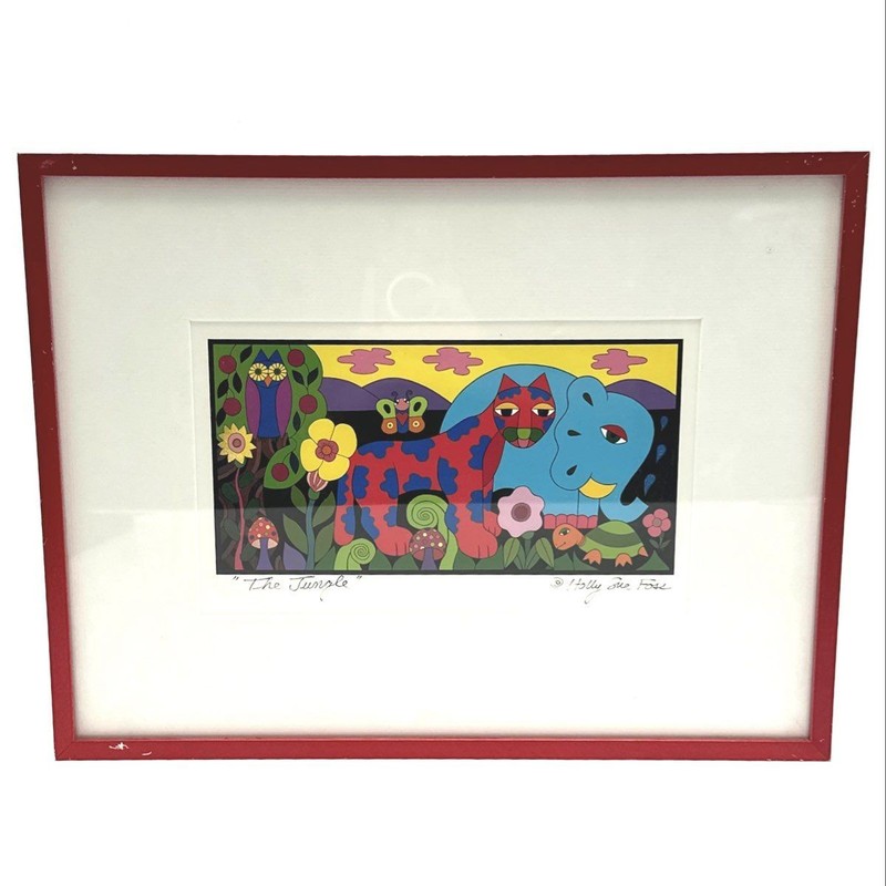 Holly Sue Foss Signed Print "The Jungle" Whimsical Animals Framed Folk Art