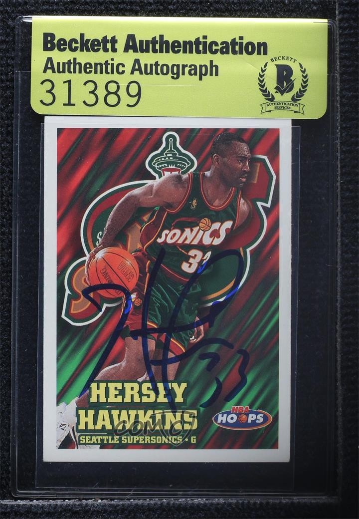 Hersey Hawkins Seattle Supersonics BAS 1997-98 NBA Hoops #139 Beckett Auth Sticker Auto ur8 