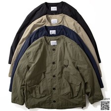 Men's Cargo Jacket Japanese Loose Multi Pocket Casual Thin Collarless Coat