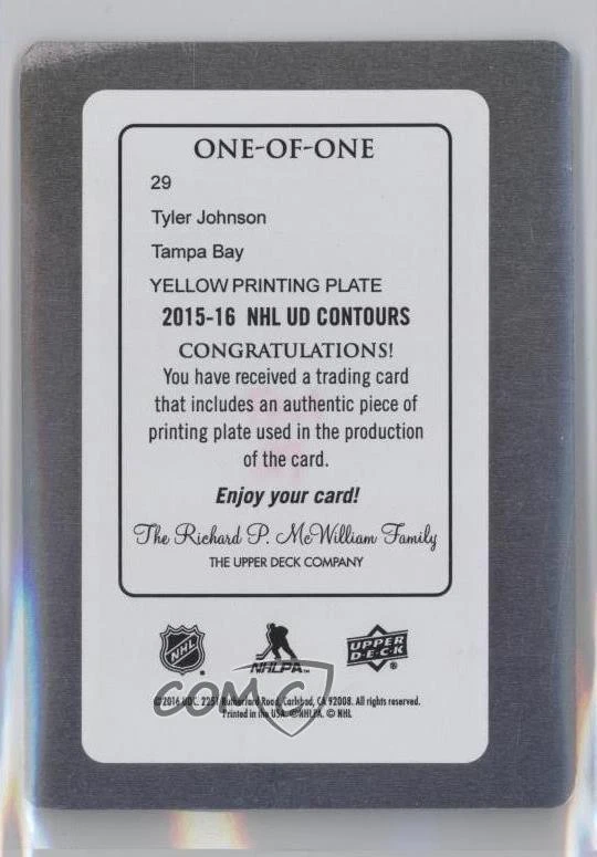 2015-16 Upper Deck Contours Printing Plate Yellow 1/1 Tyler Johnson #29 v5u - Image 2 of 3