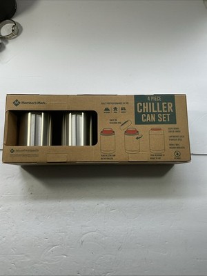 Members Mark 4 Piece Chiller Can Coozie Set New in Box Stainless Steel