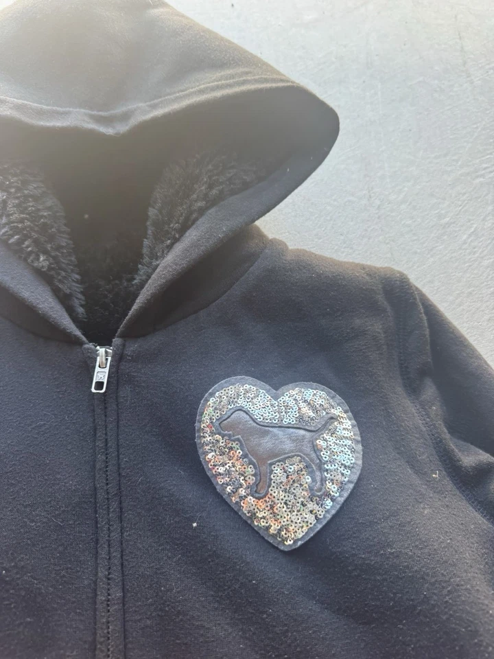 Victoria’s Secret PINK Black Zip Hoodie Women’s Large Sequin Heart Sherpa - Image 4 of 4